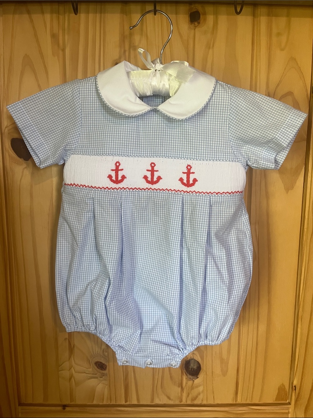 Edgehill Collection White-Collar Blue Gingham Anchor Baby Romper